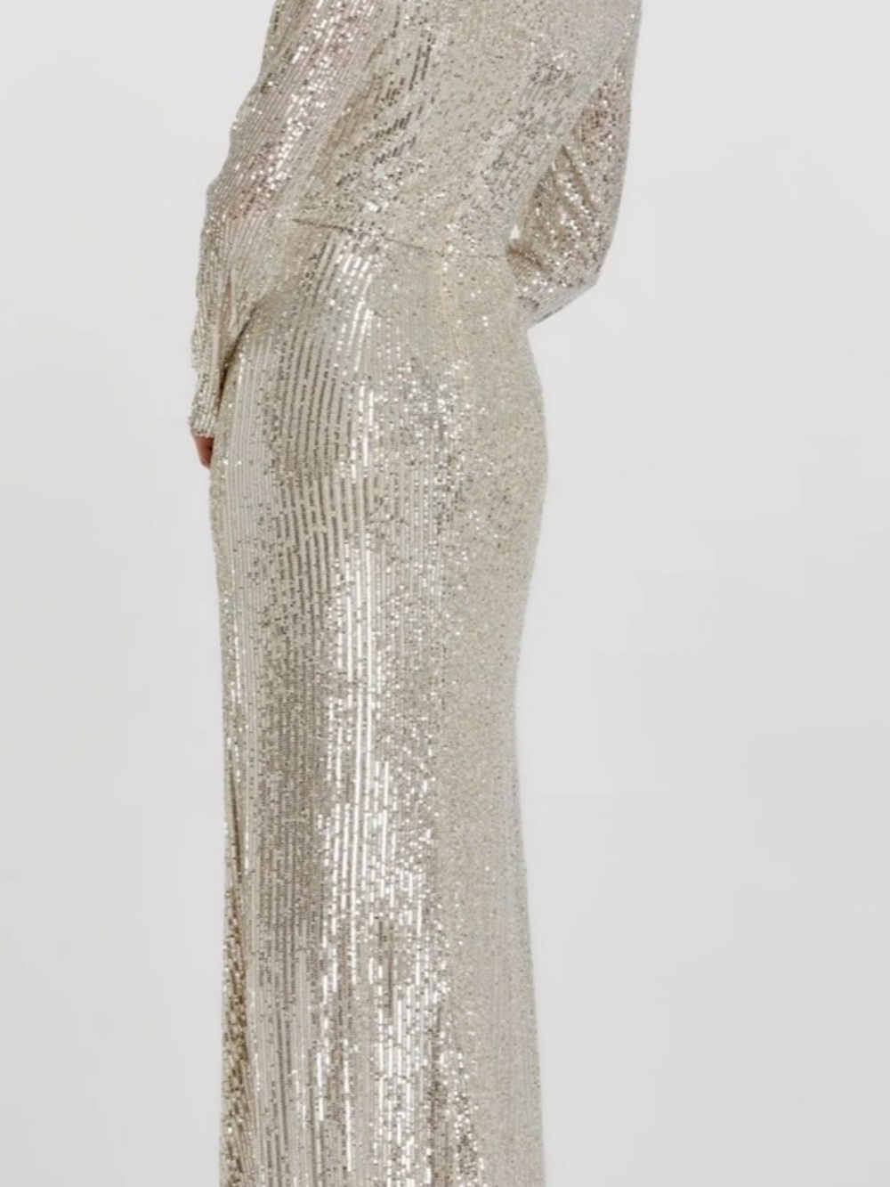Mac Duggal Champagne Sequin Faux Wrap Long Sleeve Gown - Picture 7 of 8
